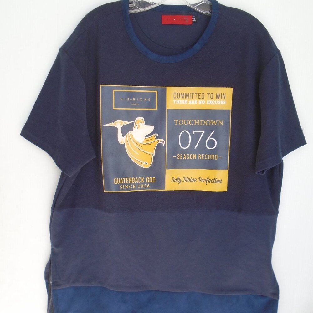Vie + Riche Paris Mens Quarterback God Graphic Tee Shirt Size XXL Blue